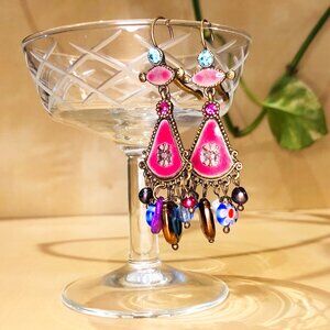 Long Enamel Earrings with Millefiori Murano Glass Beads Pearls